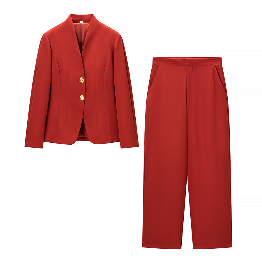 Kvinnor Elegant Blazer och Byxor Set med Guldknappar Mirla-Eva Jonsson