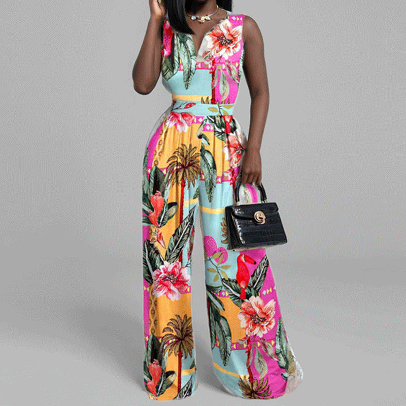 Kvinnor Elegant Jumpsuit med Bred Ben och Blommönster Mirla-Eva Jonsson