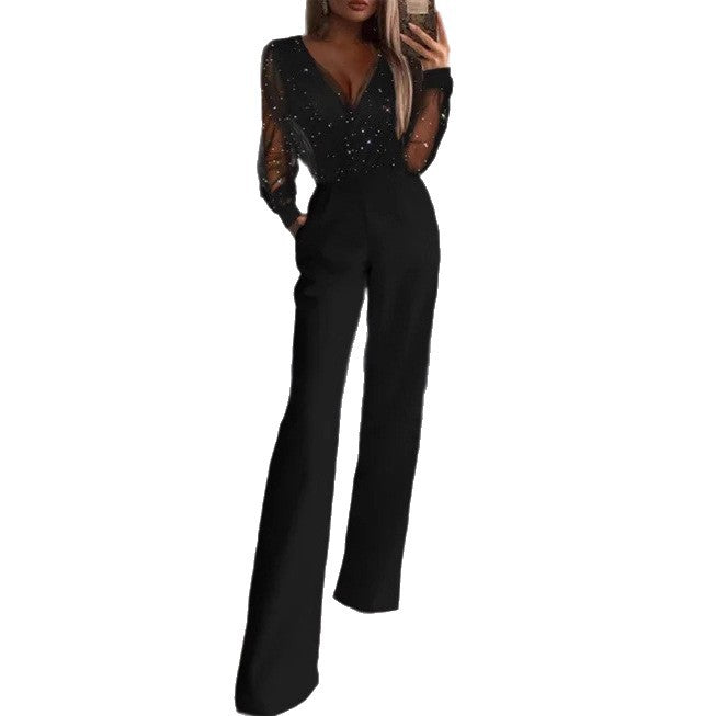 Kvinnor Elegant Jumpsuit med Transparent Blus och Glittrande Accenter-Eva Jonsson