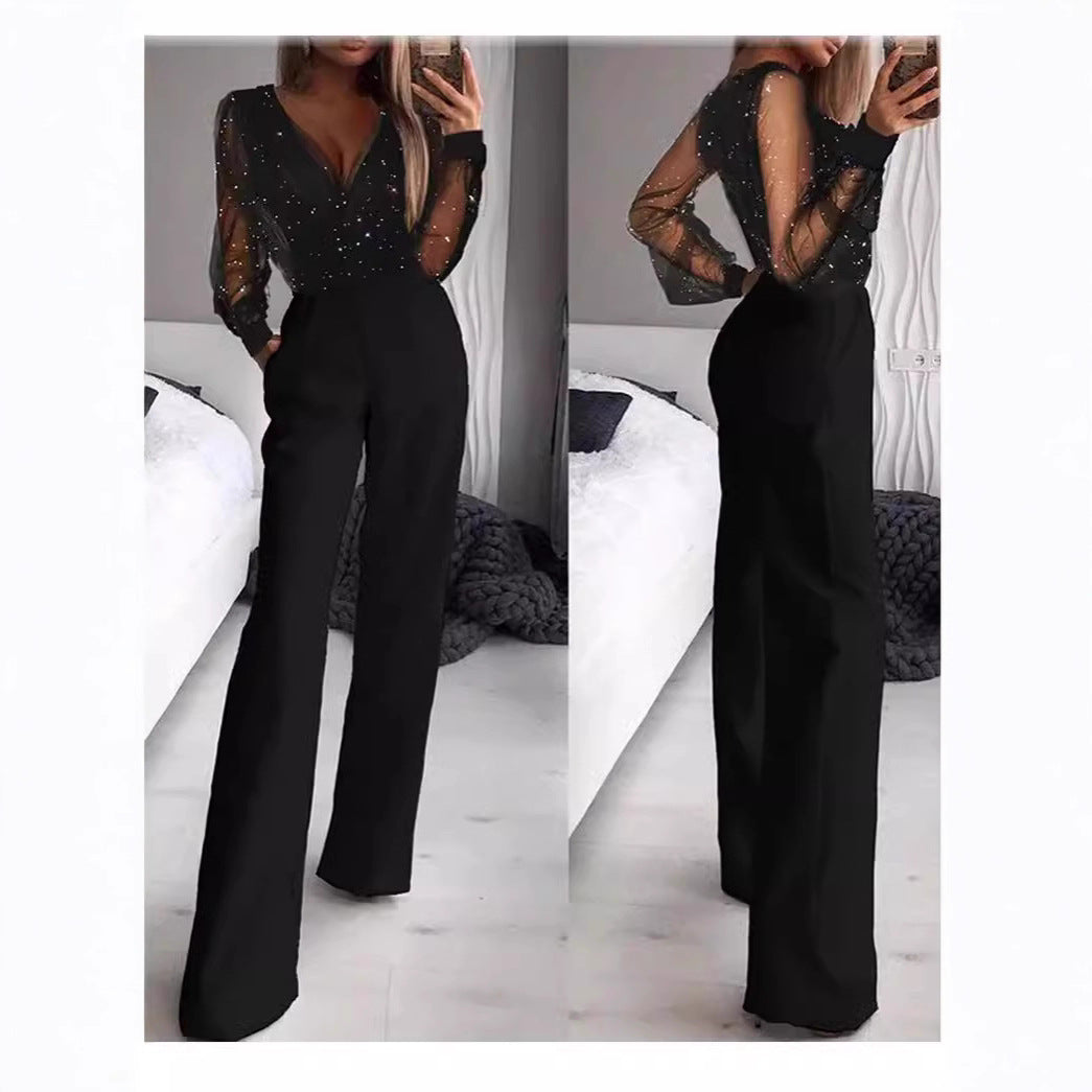 Kvinnor Elegant Jumpsuit med Transparent Blus och Glittrande Accenter-Eva Jonsson