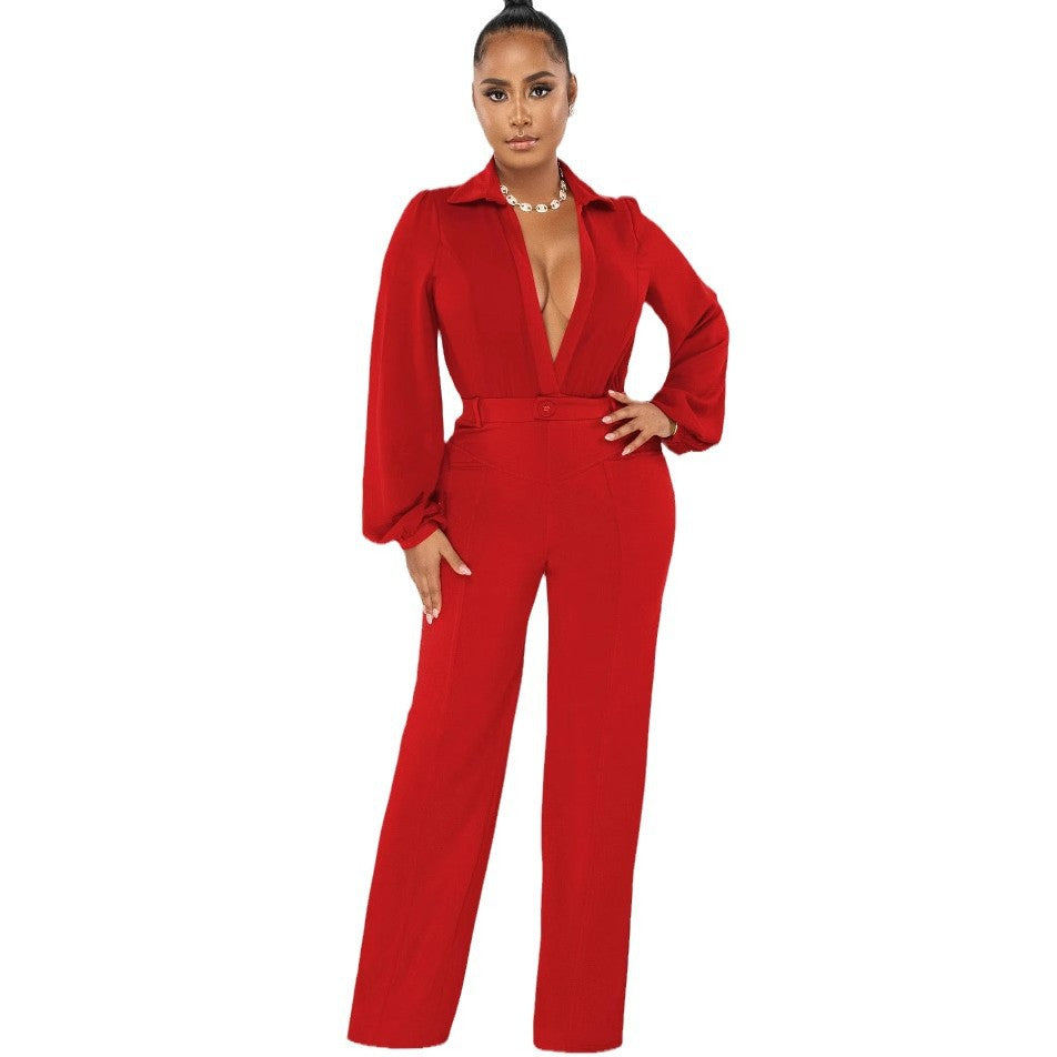 Kvinnor Elegant Jumpsuit med djup V-ringning och vid ben Mirla-Eva Jonsson