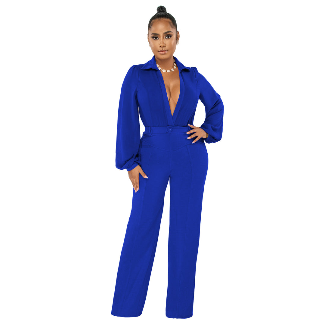 Kvinnor Elegant Jumpsuit med djup V-ringning och vid ben Mirla-Eva Jonsson