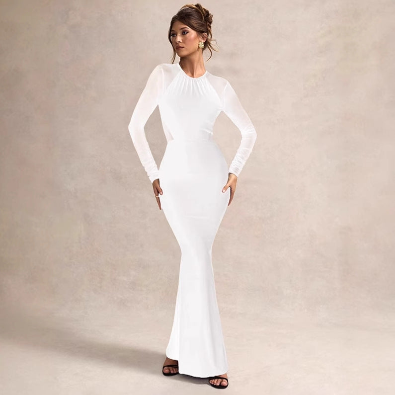 Kvinnor Elegant Lång-Bodycon-Klänning med transparenta ärmar och sofistikerad skärning Mirla-Eva Jonsson
