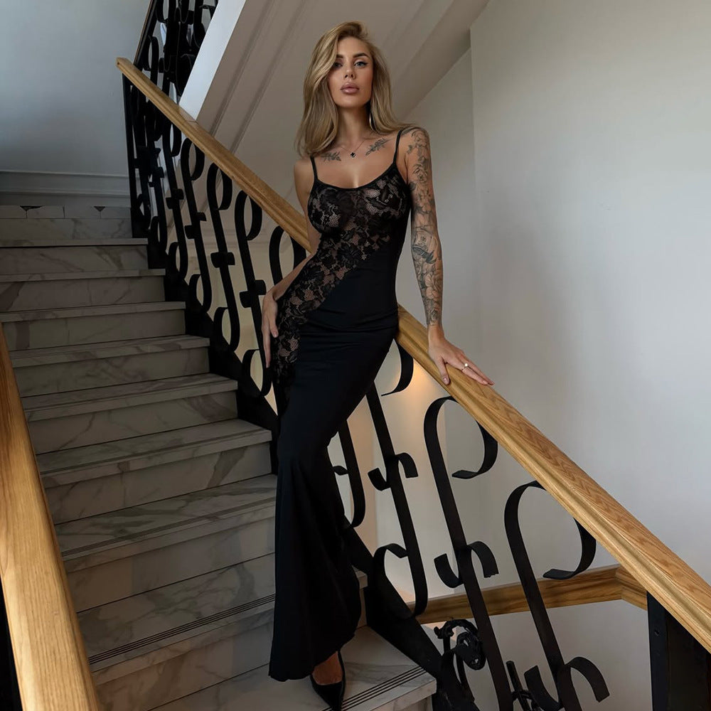 Kvinnor Elegant Långärmad Maxiklänning med filigran Spetsapplikation Mirla-Eva Jonsson