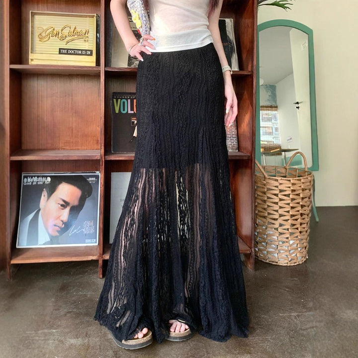 Kvinnor Elegant Maxi-Kjol med transparent spets och veck Mirla-Eva Jonsson