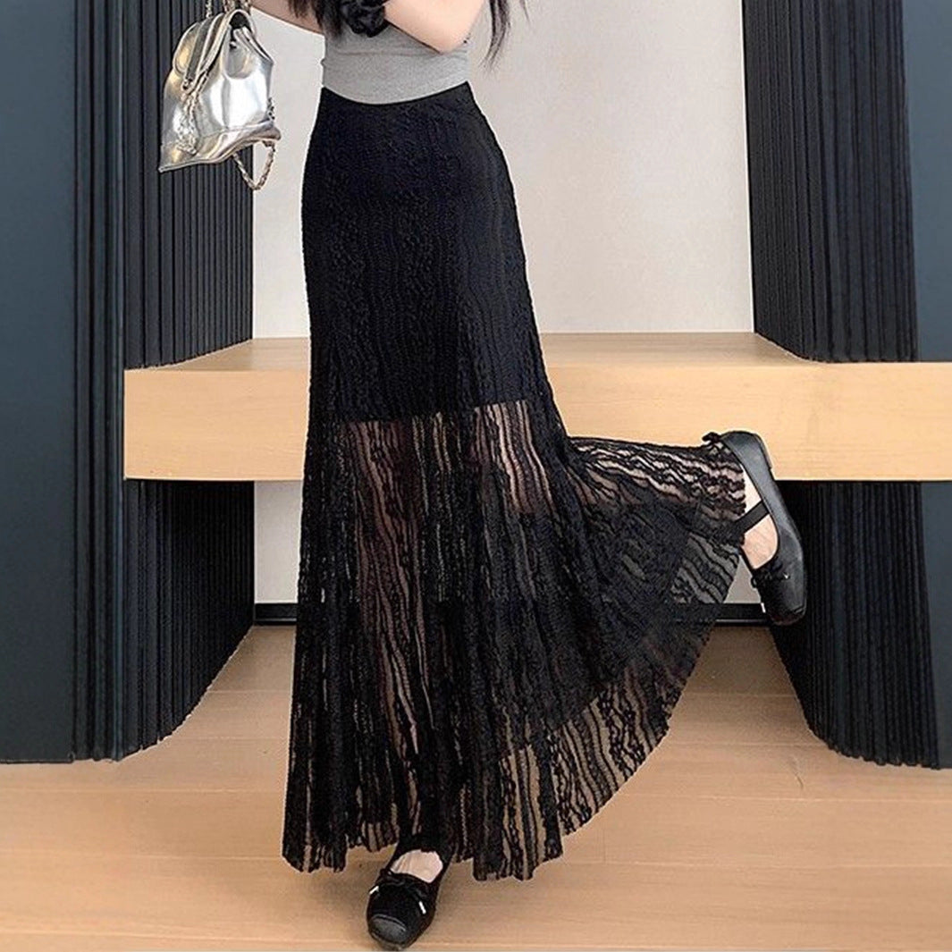 Kvinnor Elegant Maxi-Kjol med transparent spets och veck Mirla-Eva Jonsson