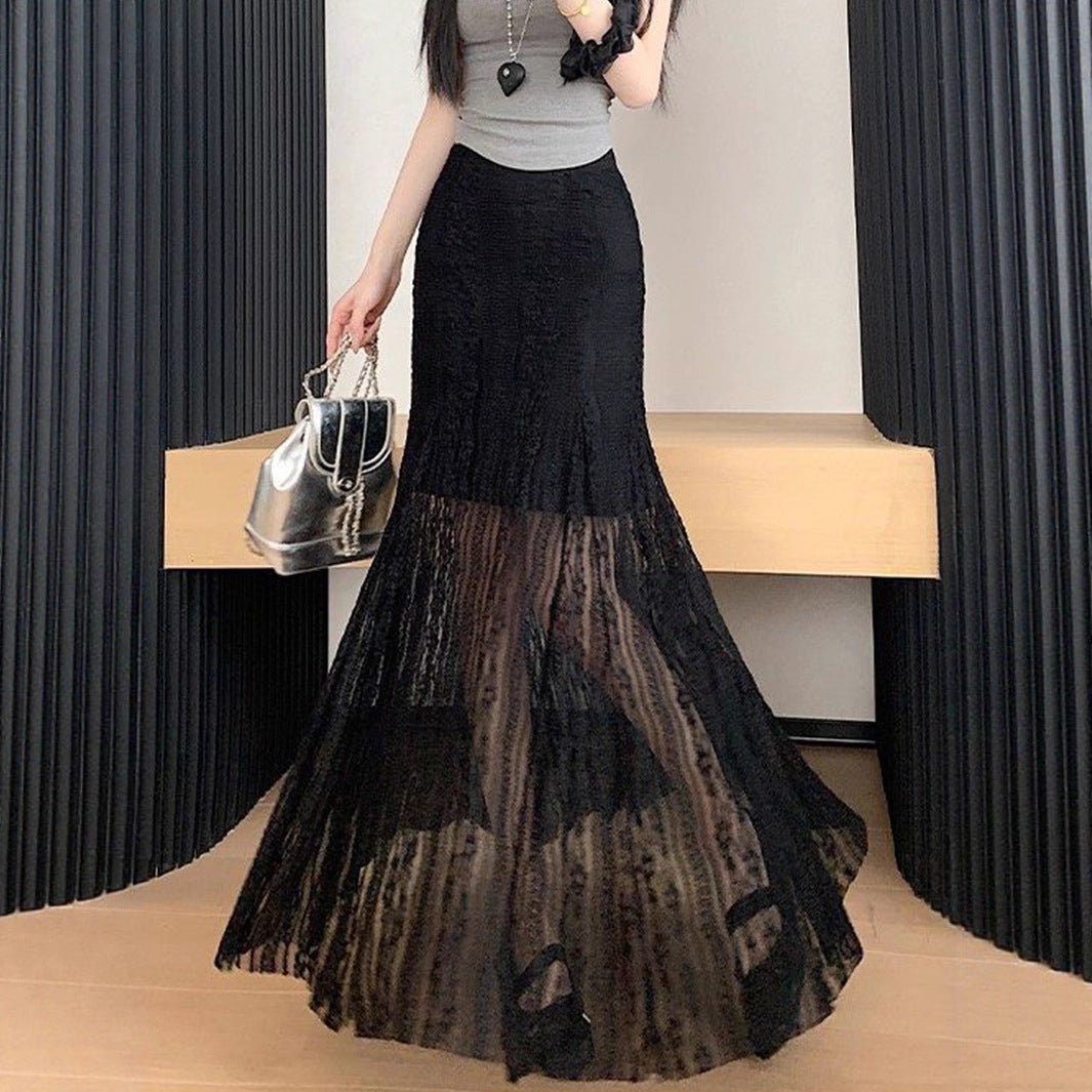 Kvinnor Elegant Maxi-Kjol med transparent spets och veck Mirla-Eva Jonsson