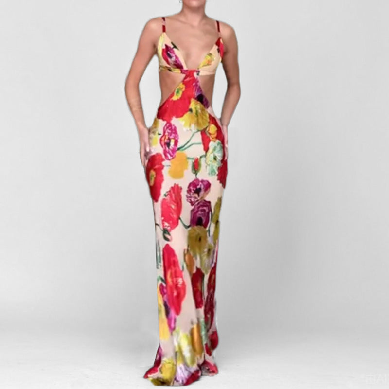 Kvinnor Elegant Maxi Klänning med Blommig Skärning och Utdraget Design Mirla-Eva Jonsson