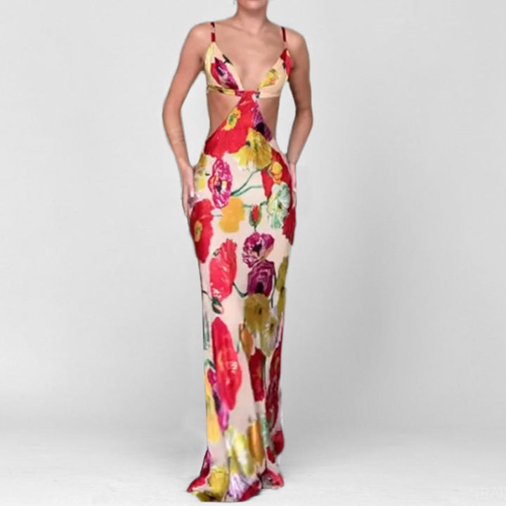 Kvinnor Elegant Maxi Klänning med Blommig Skärning och Utdraget Design Mirla-Eva Jonsson