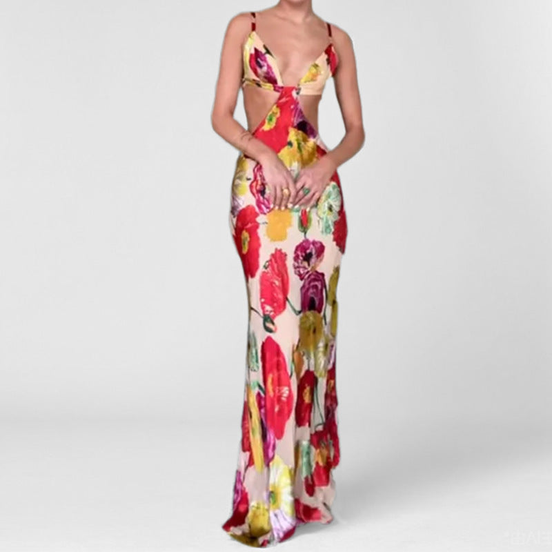 Kvinnor Elegant Maxi Klänning med Blommig Skärning och Utdraget Design Mirla-Eva Jonsson