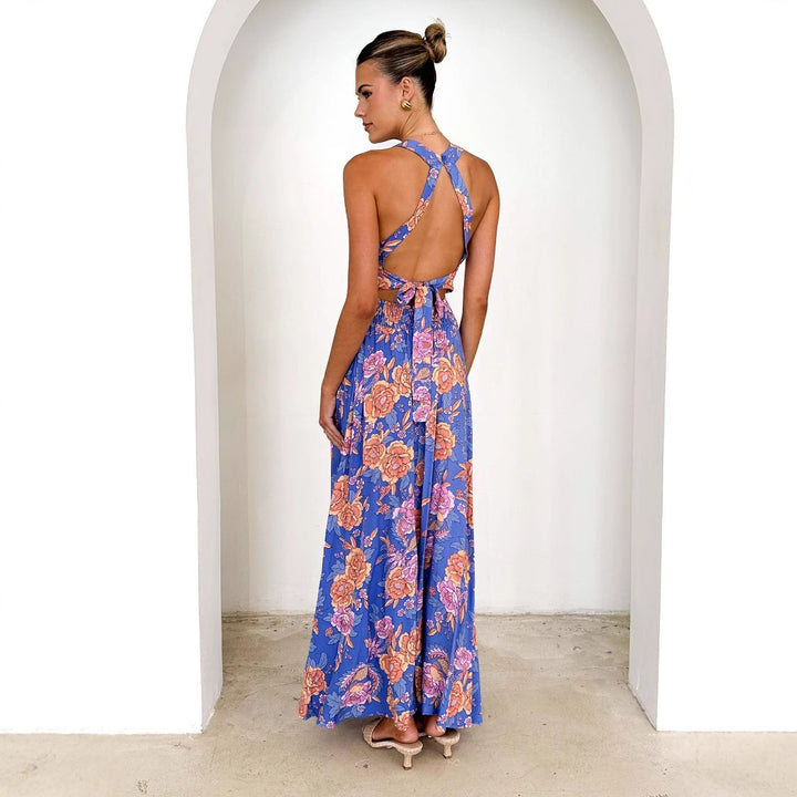 Kvinnor Elegant Maxi Klänning med Blommiga Detaljer och Racerback Mirla-Eva Jonsson