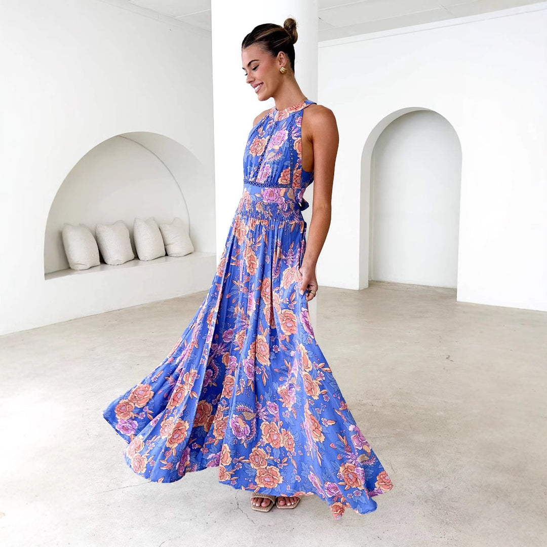 Kvinnor Elegant Maxi Klänning med Blommiga Detaljer och Racerback Mirla-Eva Jonsson