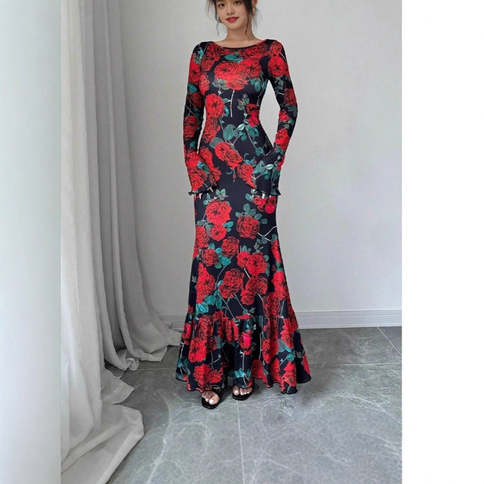 Kvinnor Elegant Maxi Klänning med Blommigt Volang Detaljer och Lång Ärmen Mirla-Eva Jonsson