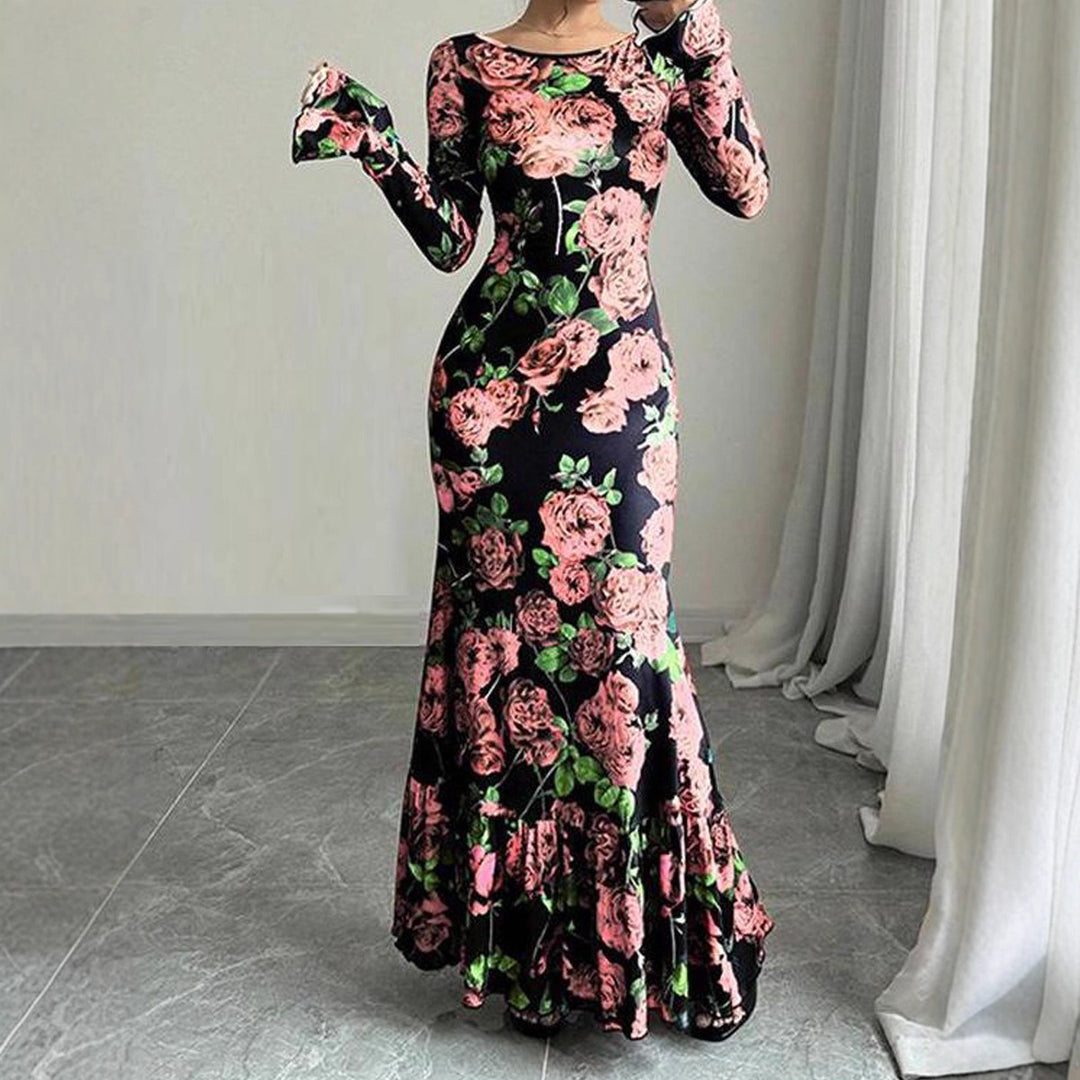 Kvinnor Elegant Maxi Klänning med Blommigt Volang Detaljer och Lång Ärmen Mirla-Eva Jonsson