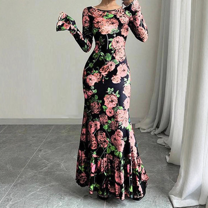Kvinnor Elegant Maxi Klänning med Blommigt Volang Detaljer och Lång Ärmen Mirla-Eva Jonsson