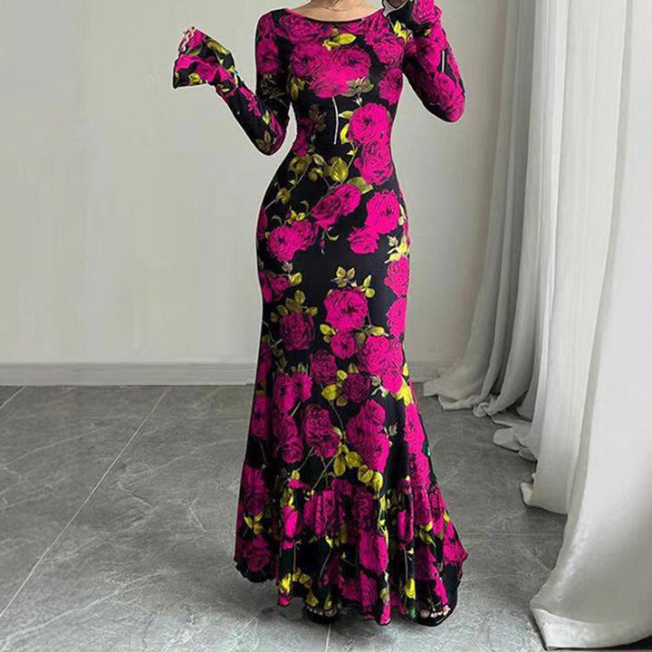 Kvinnor Elegant Maxi Klänning med Blommigt Volang Detaljer och Lång Ärmen Mirla-Eva Jonsson