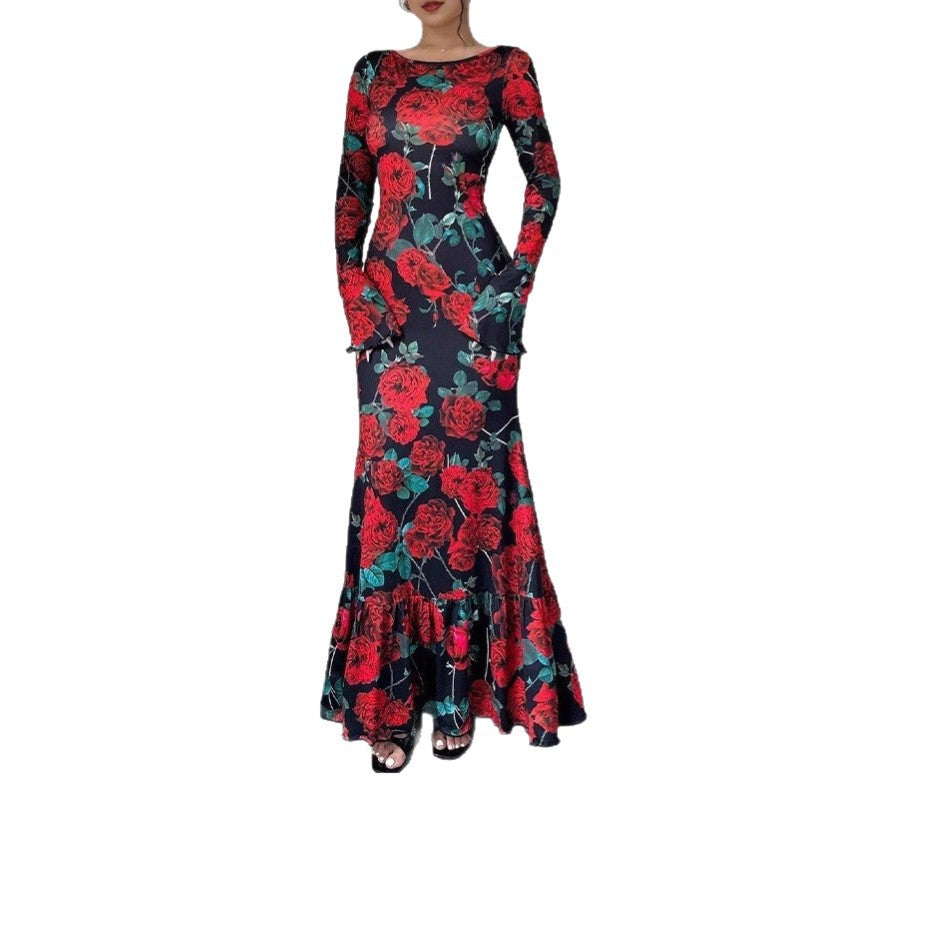 Kvinnor Elegant Maxi Klänning med Blommigt Volang Detaljer och Lång Ärmen Mirla-Eva Jonsson