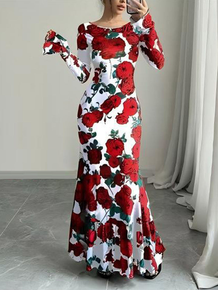 Kvinnor Elegant Maxi Klänning med Blommigt Volang Detaljer och Lång Ärmen Mirla-Eva Jonsson