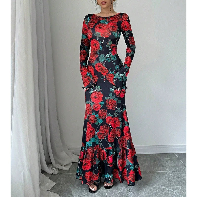 Kvinnor Elegant Maxi Klänning med Blommigt Volang Detaljer och Lång Ärmen Mirla-Eva Jonsson