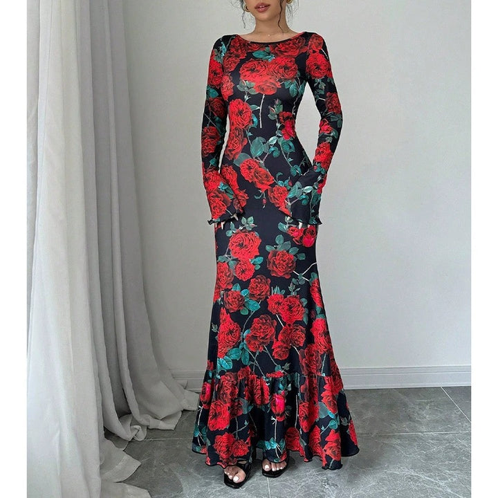 Kvinnor Elegant Maxi Klänning med Blommigt Volang Detaljer och Lång Ärmen Mirla-Eva Jonsson