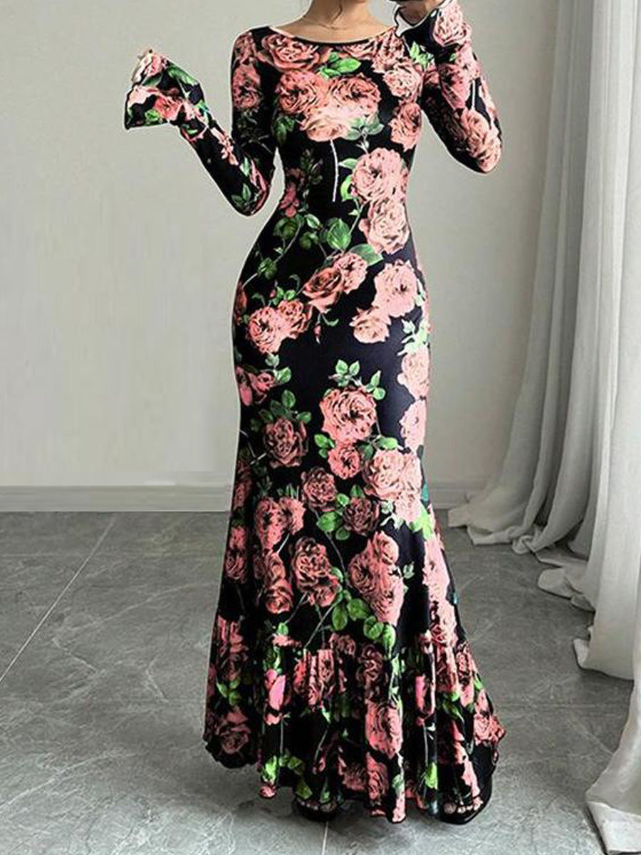Kvinnor Elegant Maxi Klänning med Blommigt Volang Detaljer och Lång Ärmen Mirla-Eva Jonsson