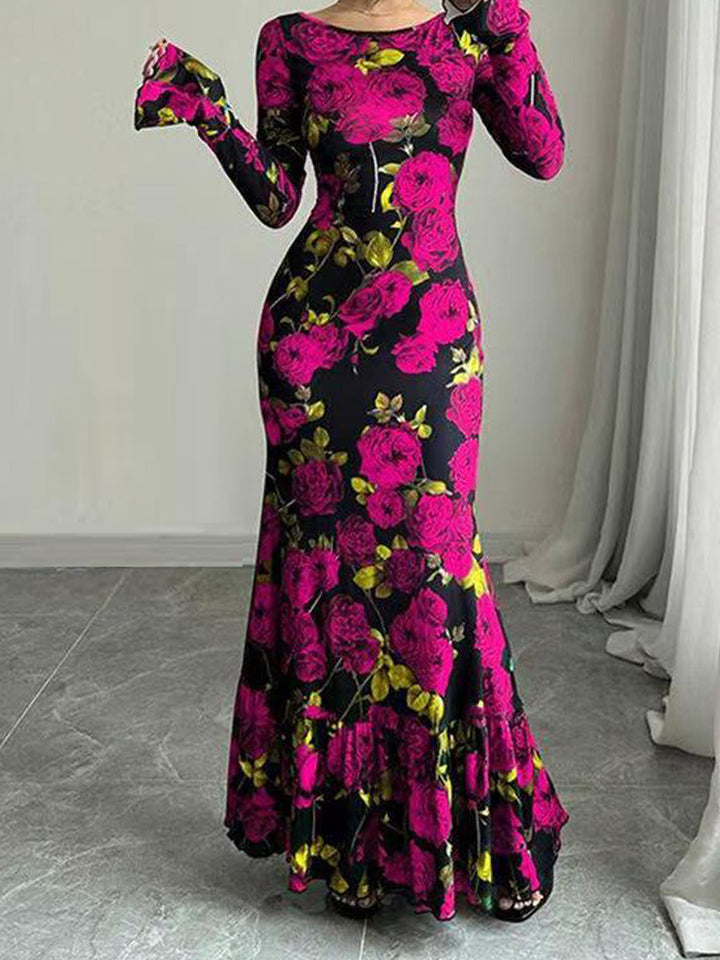 Kvinnor Elegant Maxi Klänning med Blommigt Volang Detaljer och Lång Ärmen Mirla-Eva Jonsson