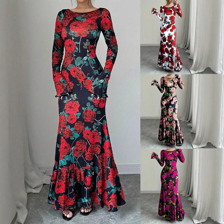 Kvinnor Elegant Maxi Klänning med Blommigt Volang Detaljer och Lång Ärmen Mirla-Eva Jonsson