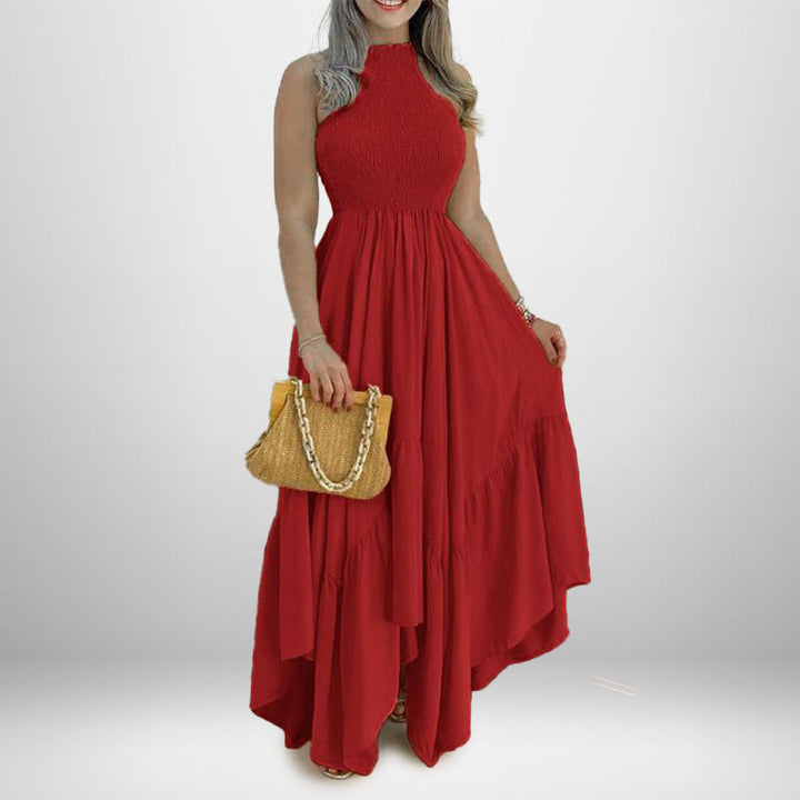 Kvinnor Elegant Maxi Klänning med Hög Halskrage och Flödande Kjol Mirla-Eva Jonsson