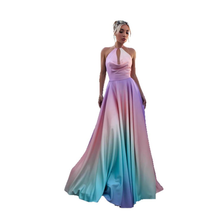 Kvinnor Elegant Maxi Klänning med Stilren Halterneck och Slät Satin Look-Eva Jonsson