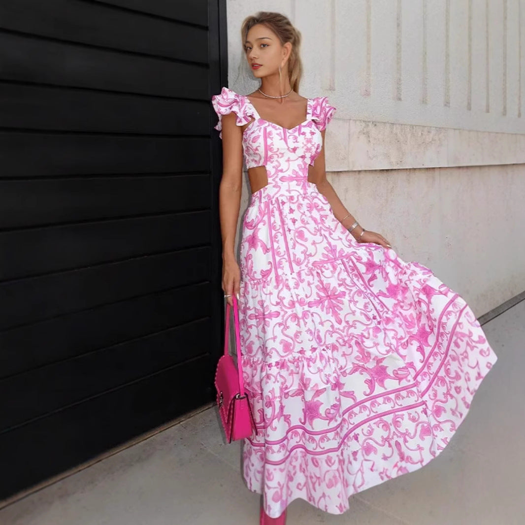 Kvinnor Elegant Maxi Klänning med Utskärningsdesign och Volangdetaljer-Eva Jonsson