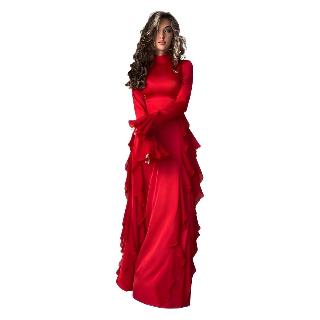 Kvinnor Elegant Maxi Klänning med Voluminösa Volangdetaljer och Glänsande Finish-Eva Jonsson