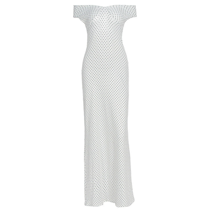 Kvinnor Elegant Maxiklänning med off-shoulder design och prickigt mönster Mirla-Eva Jonsson