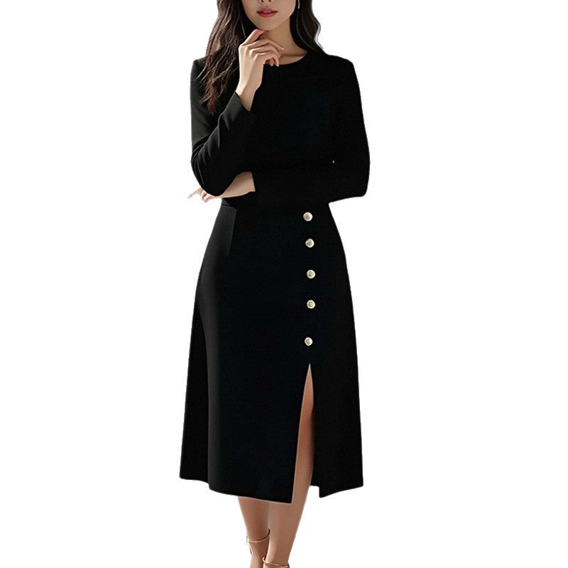 Kvinnor Elegant Midi Klänning med Knapp Detalj och Sido Slits Mirla-Eva Jonsson