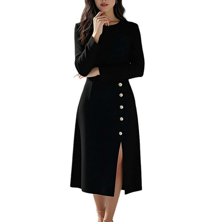 Kvinnor Elegant Midi Klänning med Knapp Detalj och Sido Slits Mirla-Eva Jonsson
