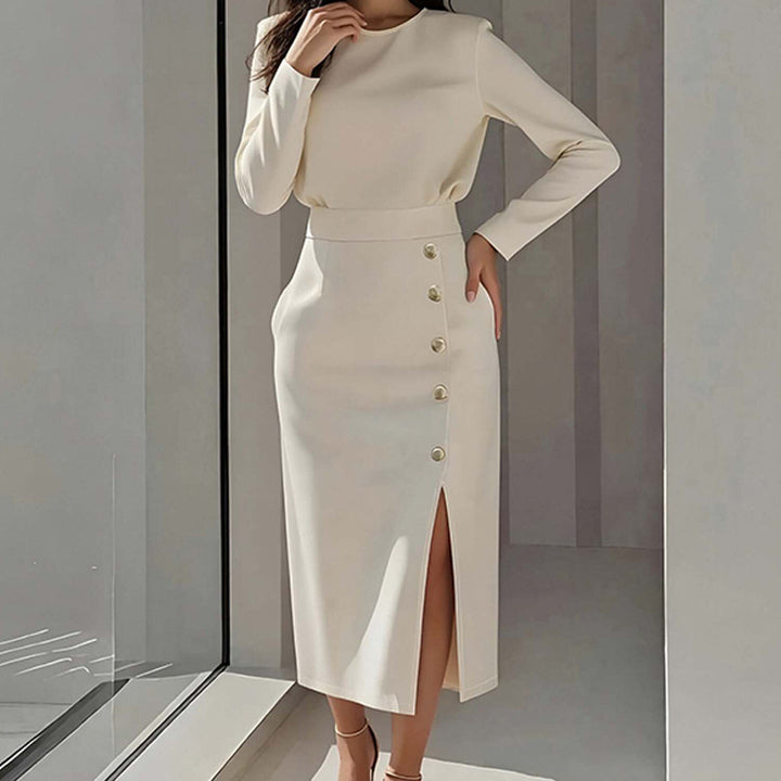 Kvinnor Elegant Midi Klänning med Knapp Detalj och Sido Slits Mirla-Eva Jonsson