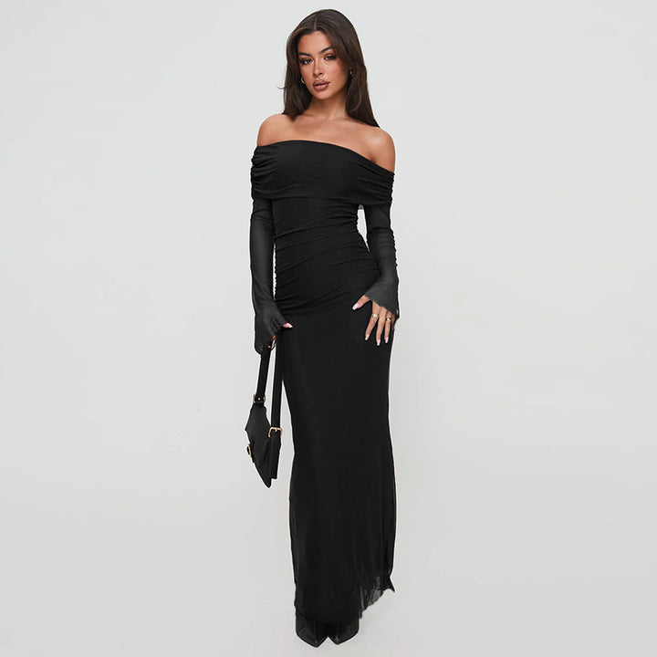 Kvinnor Elegant Off-Shoulder Maxi Klänning med Sofistikerad Ruffle Design Mirla-Eva Jonsson