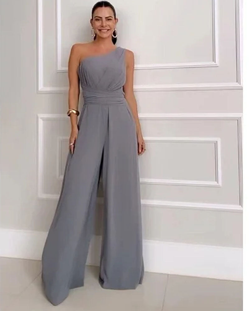 Kvinnor Elegant Overall med Asymmetrisk Urrigning och Flödande Tyg-Eva Jonsson