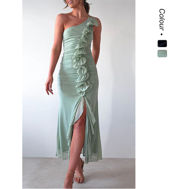 Kvinnor Elegant Ruffle Maxi Klänning i Stilen av en Sida med Hög Slits Mirla-Eva Jonsson