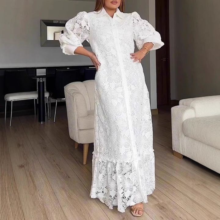 Kvinnor Elegant Spets Maxi Klänning med Voluminösa Ärmar Mirla-Eva Jonsson