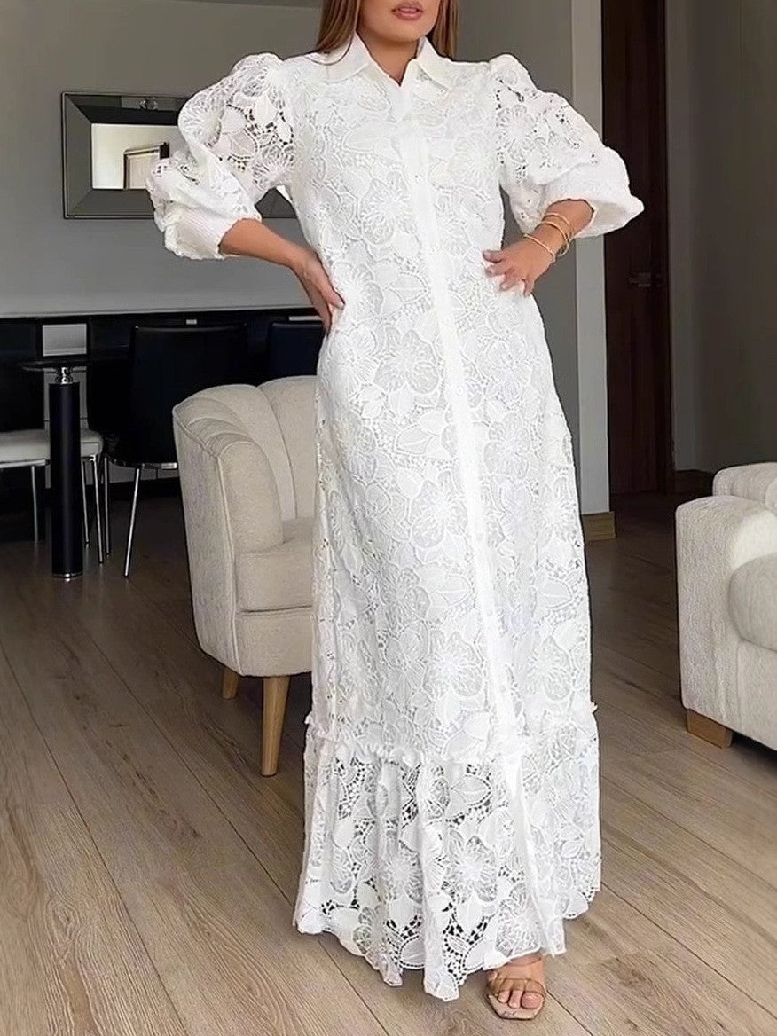 Kvinnor Elegant Spets Maxi Klänning med Voluminösa Ärmar Mirla-Eva Jonsson