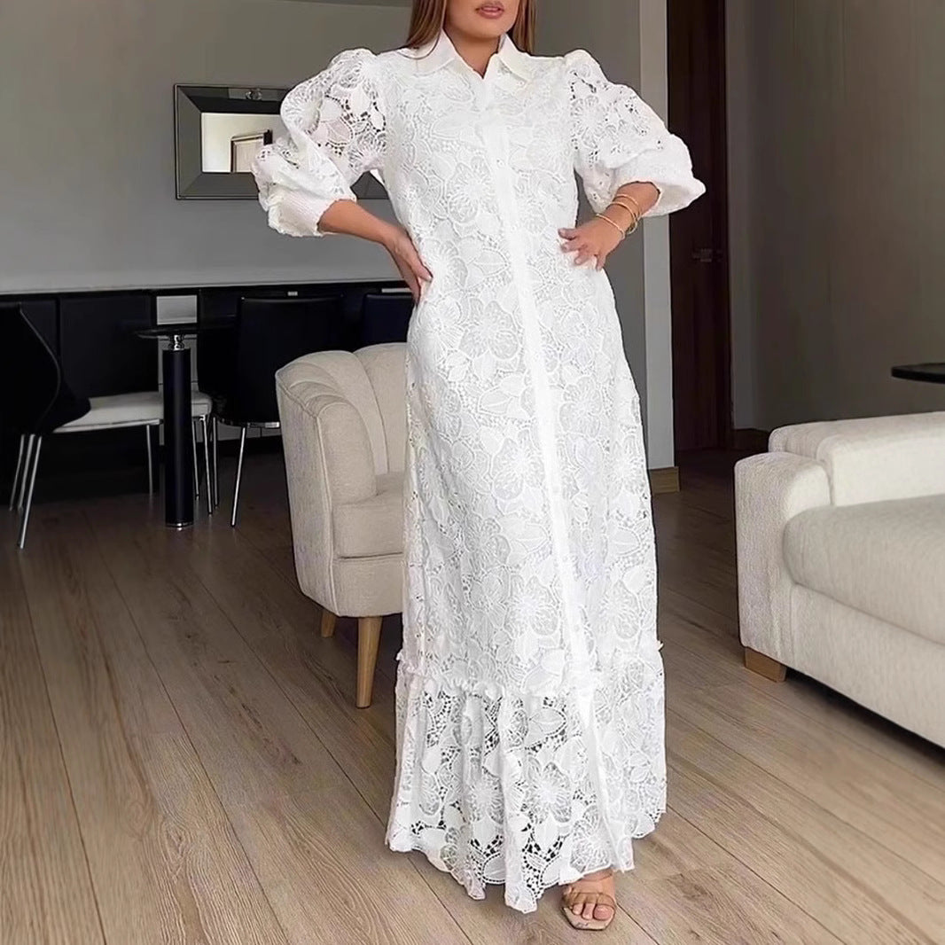 Kvinnor Elegant Spets Maxi Klänning med Voluminösa Ärmar Mirla-Eva Jonsson