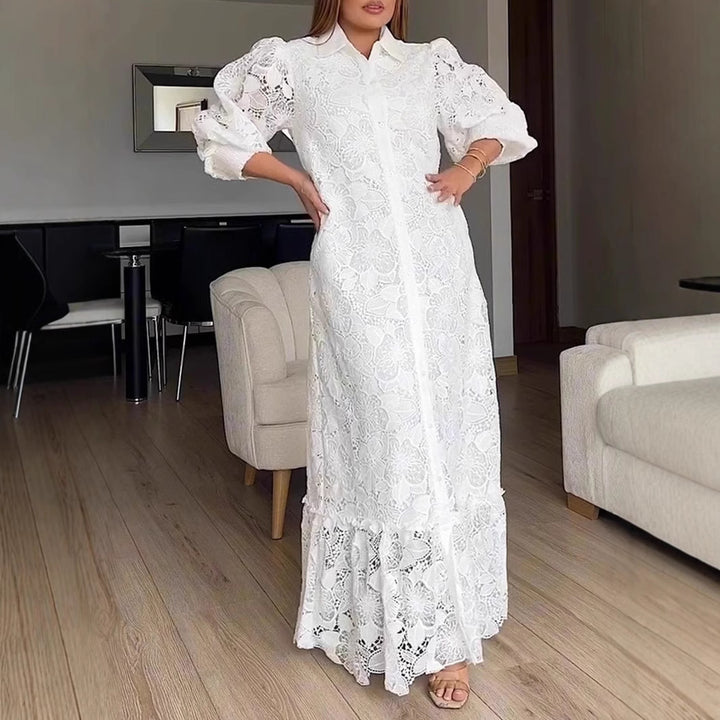Kvinnor Elegant Spets Maxi Klänning med Voluminösa Ärmar Mirla-Eva Jonsson