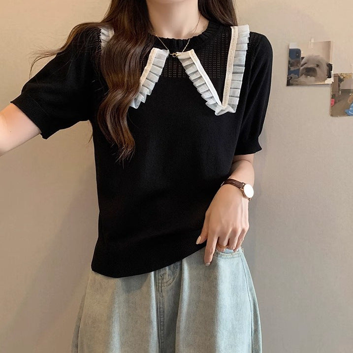 Kvinnor Elegant Stickad Topp med Dekorativ Volangkant och Andningsbart Design-Eva Jonsson