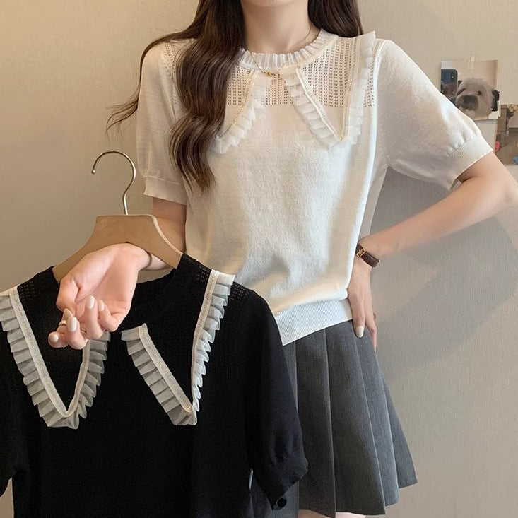 Kvinnor Elegant Stickad Topp med Dekorativ Volangkant och Andningsbart Design-Eva Jonsson
