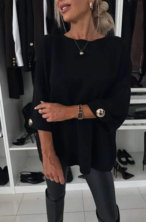 Kvinnor Elegant Stickad Tröja med Bredskurna Ärmar och Knappar Mirla-Eva Jonsson
