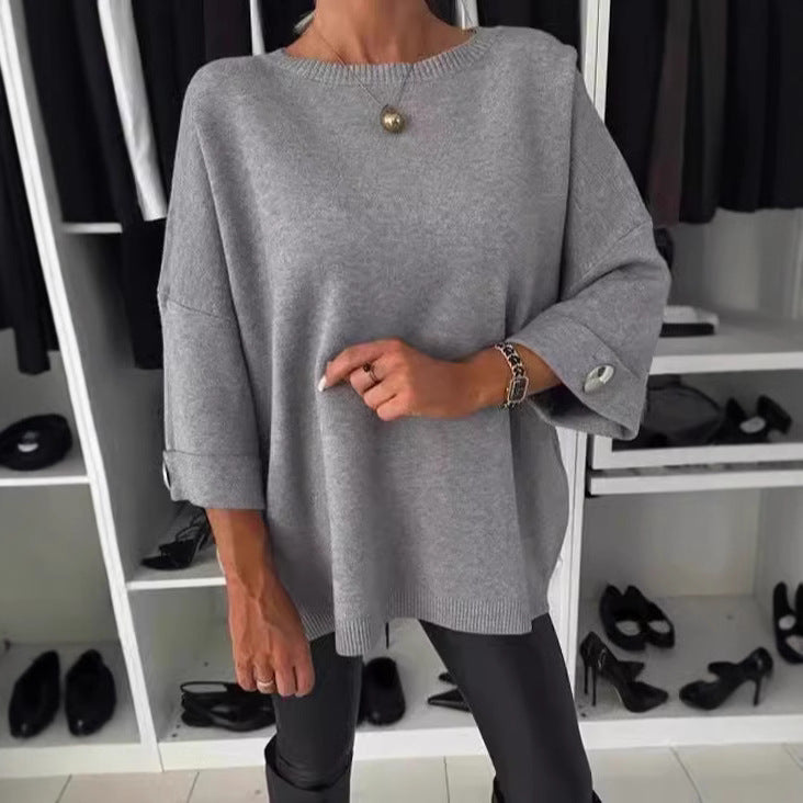 Kvinnor Elegant Stickad Tröja med Bredskurna Ärmar och Knappar Mirla-Eva Jonsson