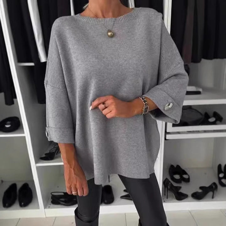 Kvinnor Elegant Stickad Tröja med Bredskurna Ärmar och Knappar Mirla-Eva Jonsson
