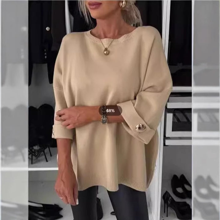 Kvinnor Elegant Stickad Tröja med Bredskurna Ärmar och Knappar Mirla-Eva Jonsson