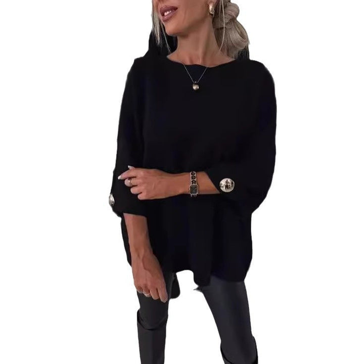 Kvinnor Elegant Stickad Tröja med Bredskurna Ärmar och Knappar Mirla-Eva Jonsson