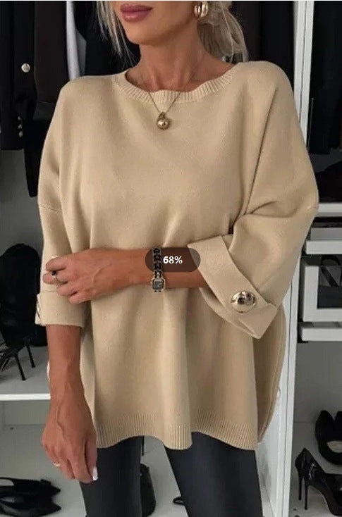 Kvinnor Elegant Stickad Tröja med Bredskurna Ärmar och Knappar Mirla-Eva Jonsson